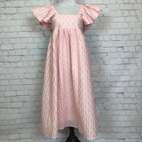 NWT Sister Jane Puff Sleeve Jacquard Midi Dress Size XS Powder Pink - Picture 1 of 8